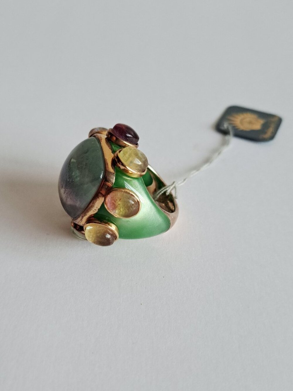 New Angelique de Paris Gold Plated Large Square Green Stones Ring Size 8 - Picture 8 of 17